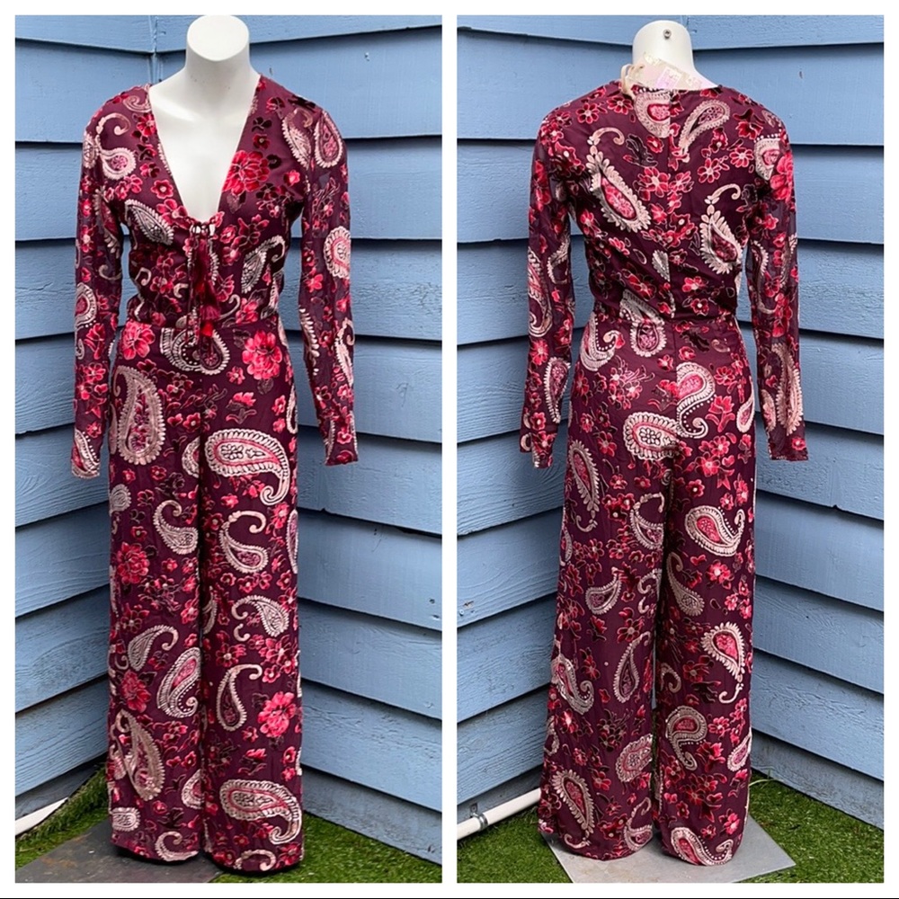 Chelsea & Violet Burgundy Paisley Tie-Front Jumpsuit
